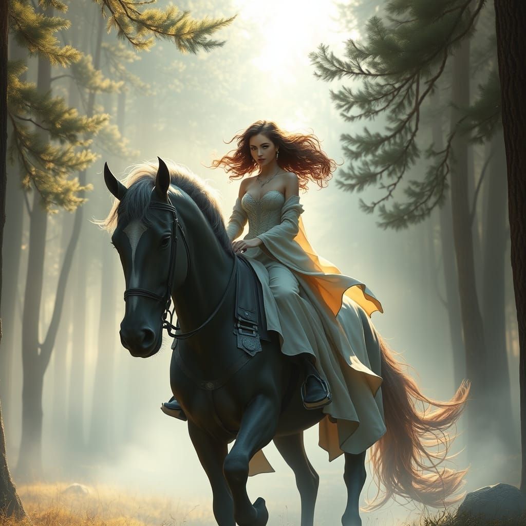 Elegant Woman Rides Majestic Horse Through Misty Forest in O...