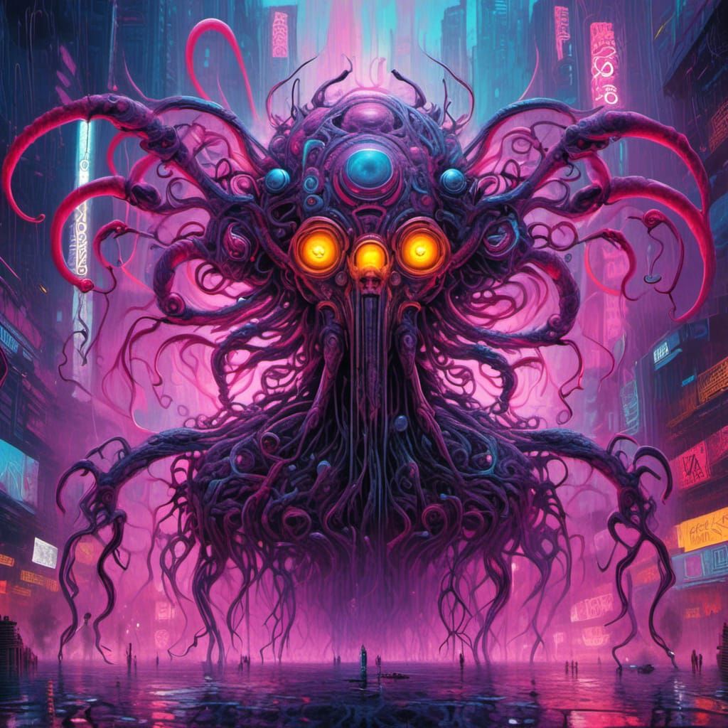 Cyberpunk God Above Metropolis in Graffiti Art Style