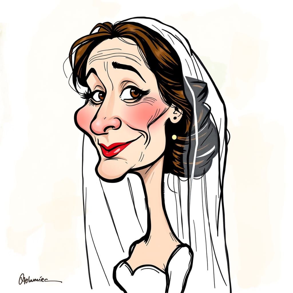 Whimsical Wedding Veil Caricature in Moebius-Inspired Style