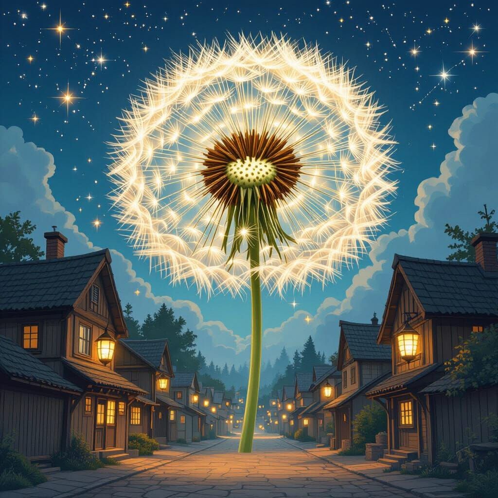 Giant Dandelion Over Whimsical Night Town