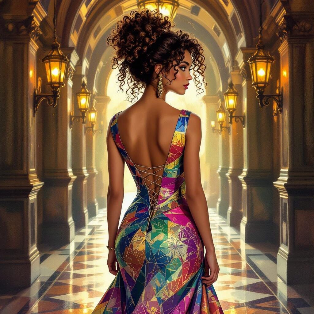 Kaleidoscopic Silk Dress in Magical Corridor