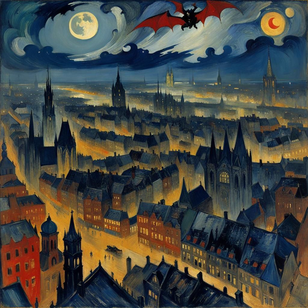Vampire Soul: Dark Night Cityscape in Expressionist Style