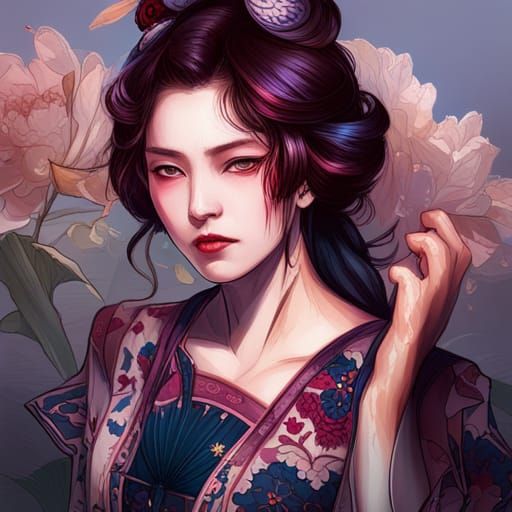 Elegant Japanese Courtesan Portrait in Art Nouveau Style