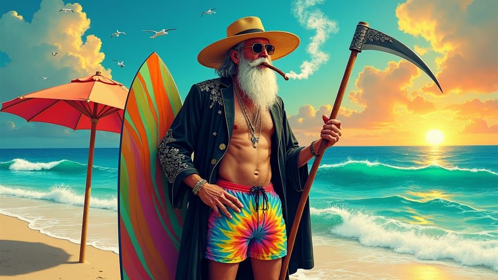 Grim Reaper Smokes Doobie on Beach, Pop Surrealism