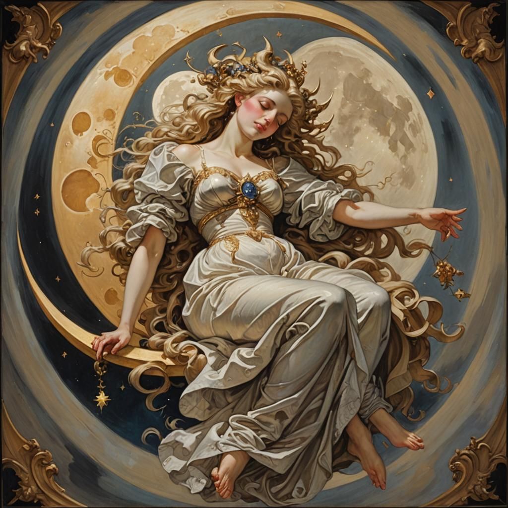 Lunar Goddess Asleep on Crescent Moon in Baroque Style