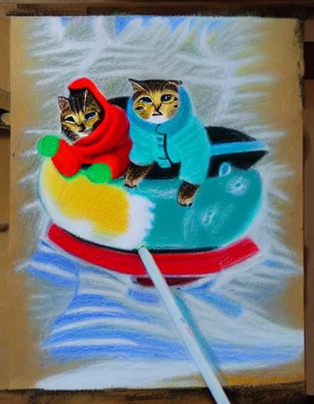 Cats Sledding in Snowsuits as Oil Pastel Drawing