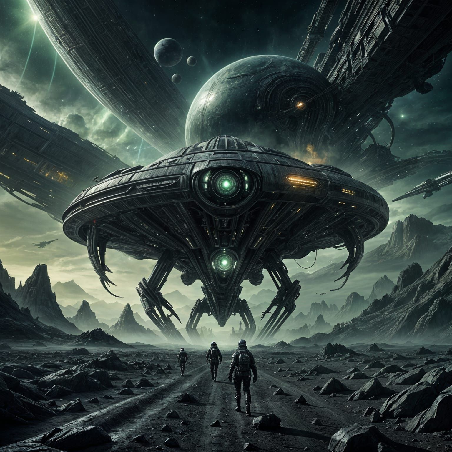 HR Giger-Inspired Space Ship Soars Through a Vibrant Galaxy