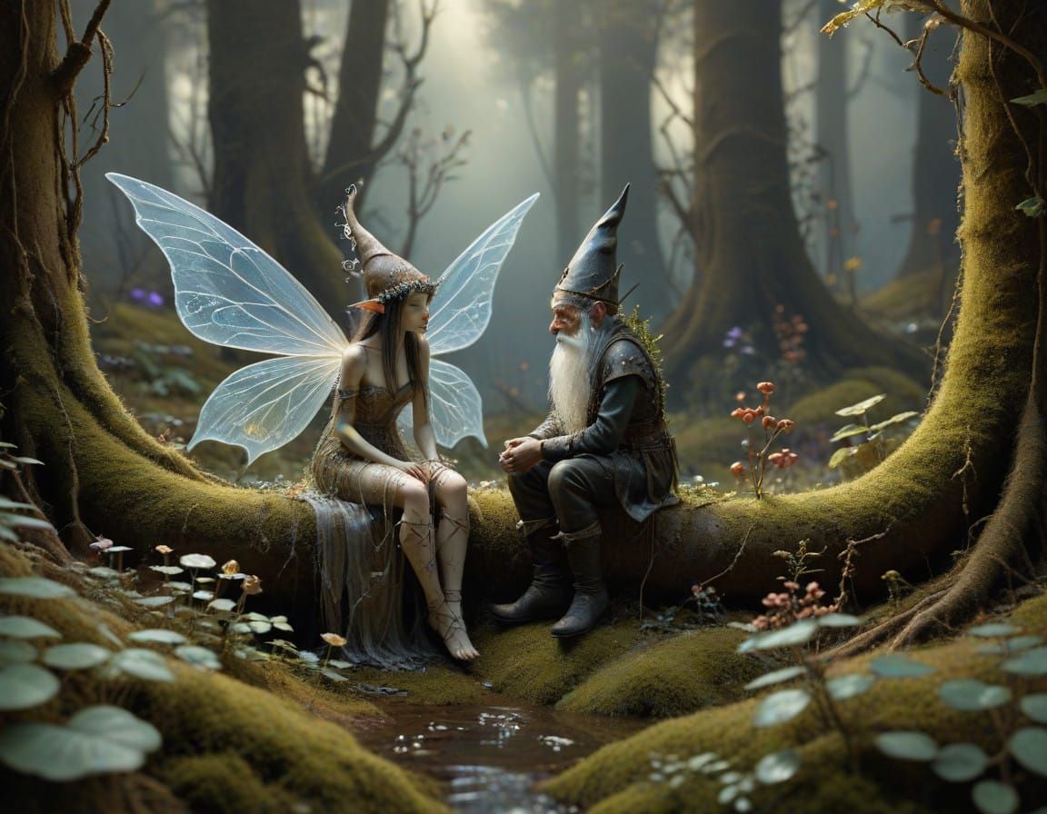 Whispering Gnome and Enigmatic Fairy in Mysterious Forest
