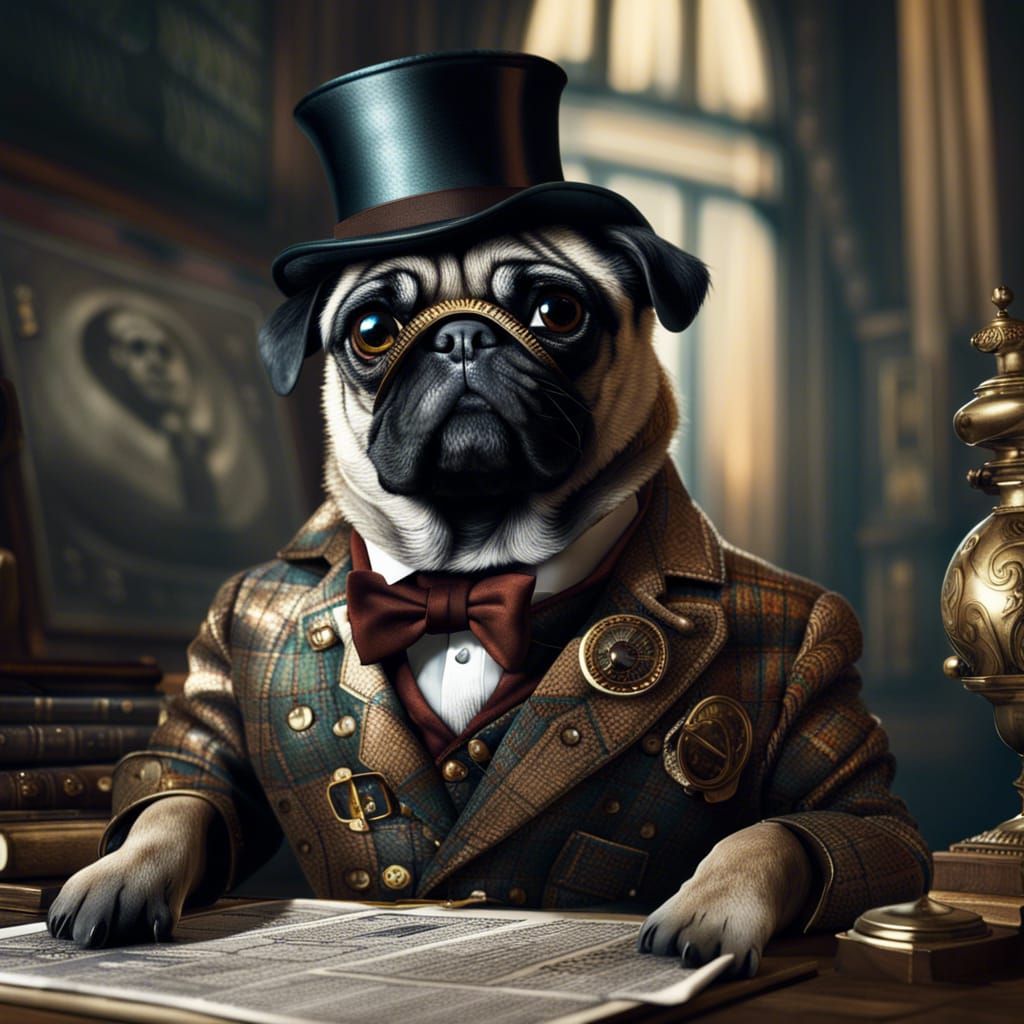 Hyperrealistic Pug Gentleman Reading Newspaper