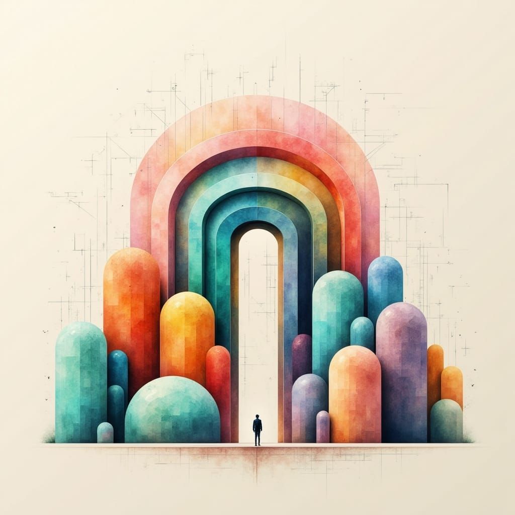 Bauhaus-Inspired Abstract Artwork with Cubes and Zen Boulder...