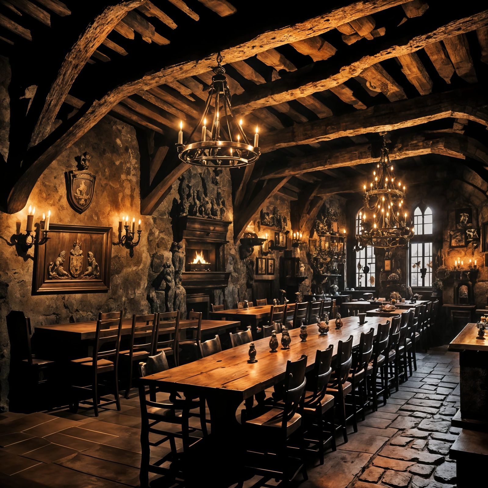Medieval Tavern Scene in Warm, Rustic Grandeur