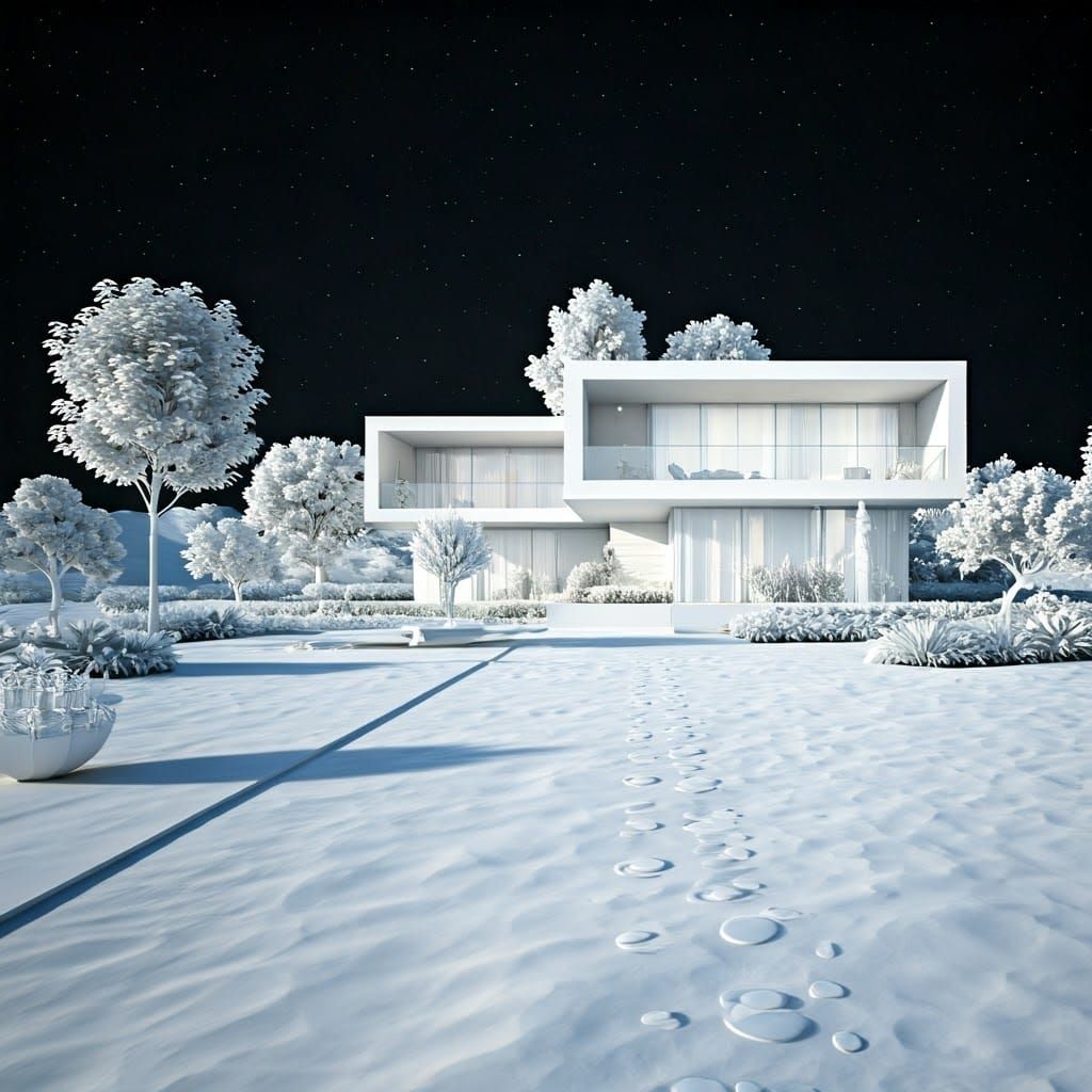 Monochromatic Lunar House in White Summer Garden