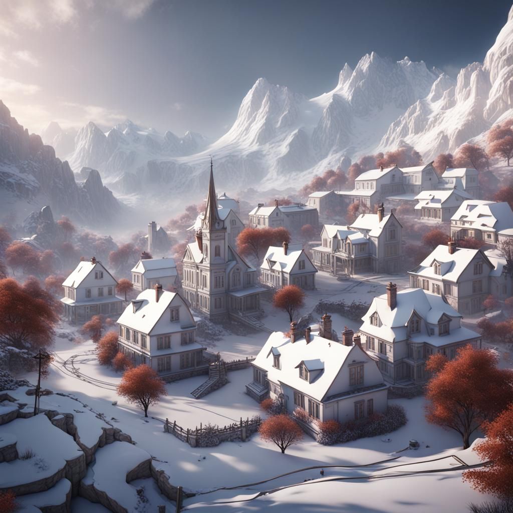 Snowy Valley Houses in Detailed Matte Painting