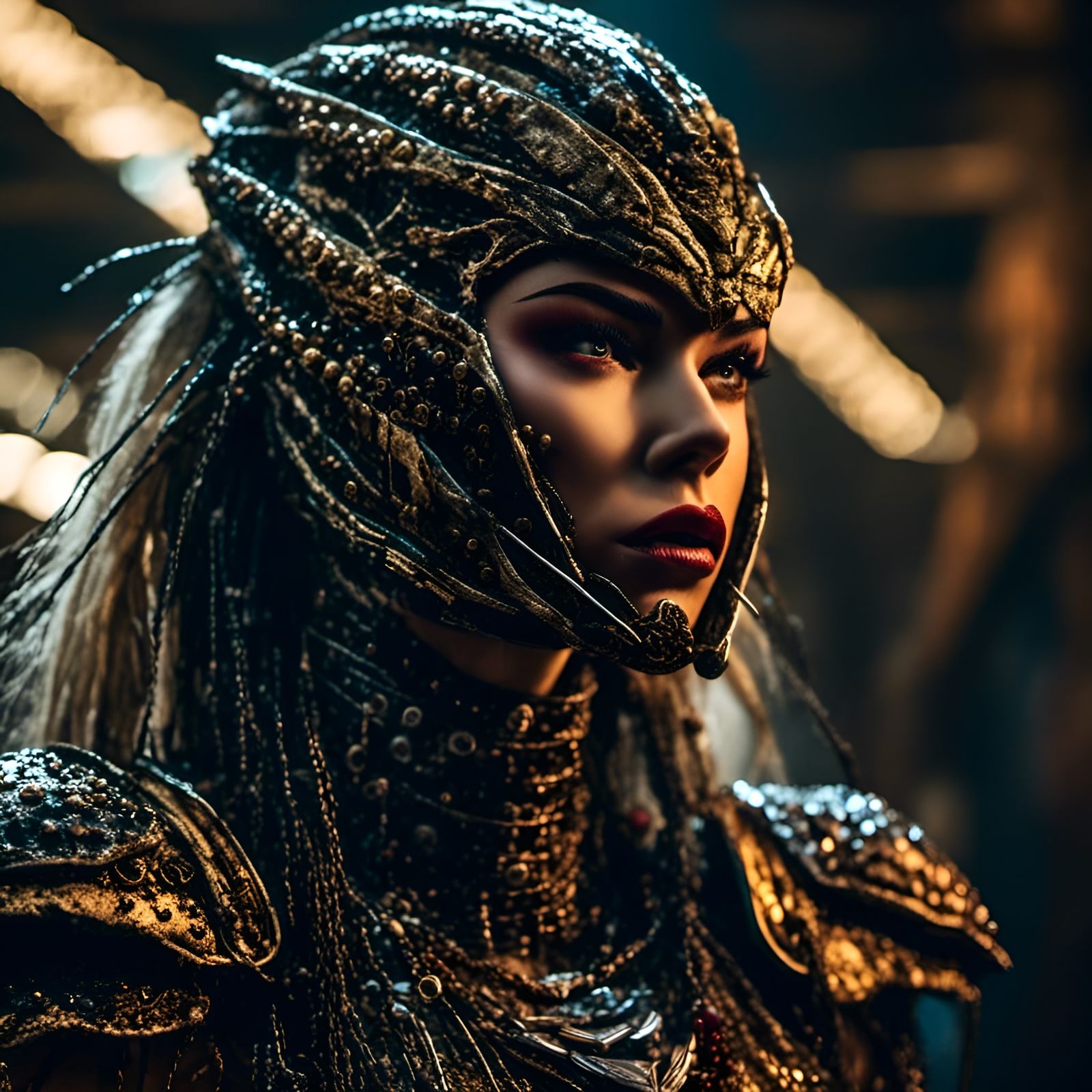 Female Predator in Fishnet Armor, Surreal Portrait