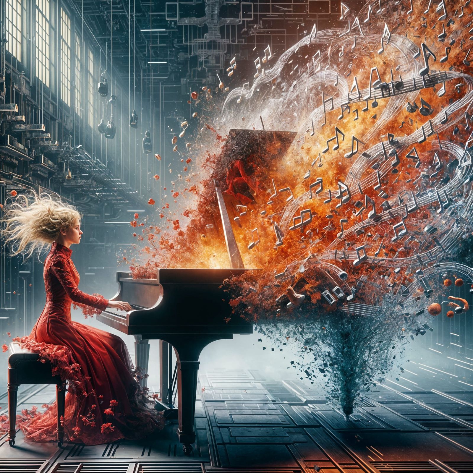 Pianist Disintegrating into Music Notes in Sci-Fi City