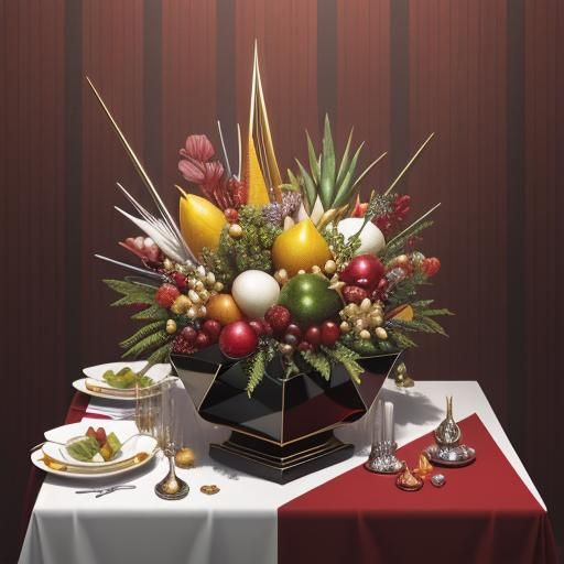 Hyperrealistic Cornucopia with Golden Fruit and Silver Veget...