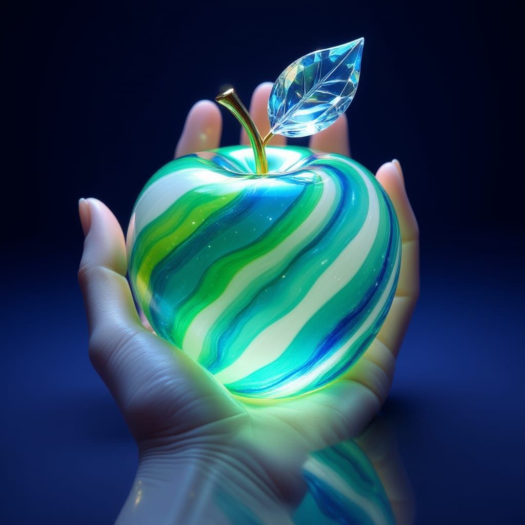 Glass Apple Sculpture with Swirling Blue and Green Patterns
