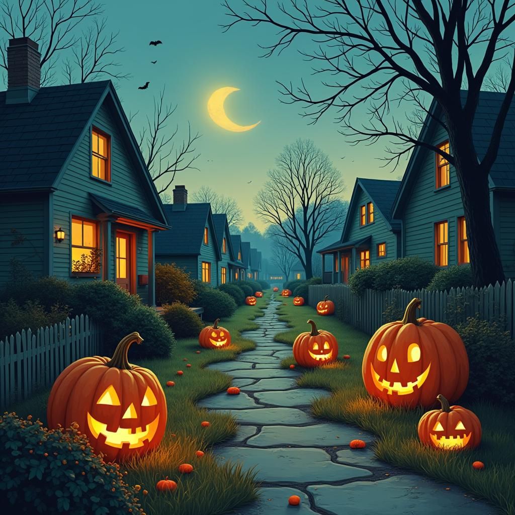 Vanishing Halloween Scene in a Fantastical Illustration Styl...