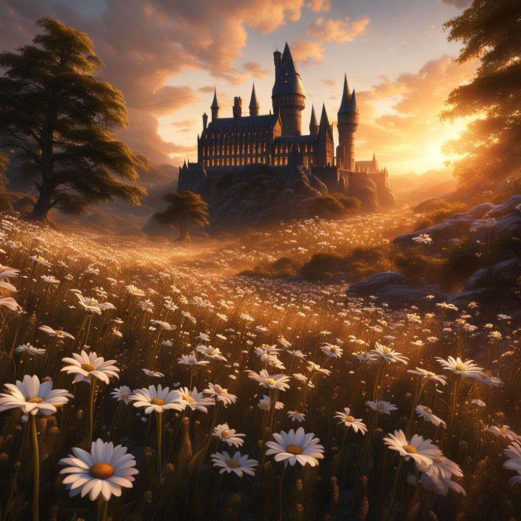 Hogwarts Sunset Over a Daisy Field