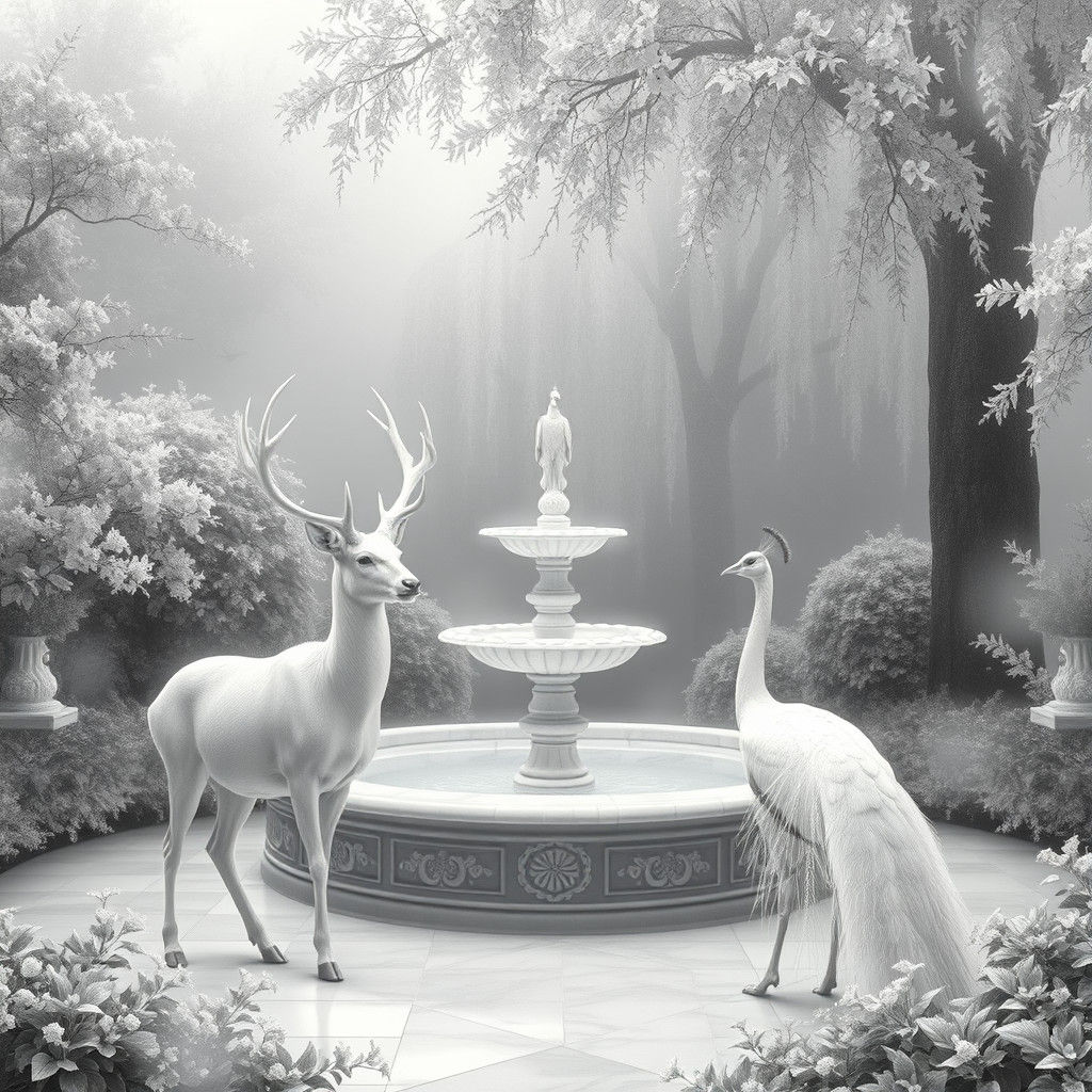 White Deer and Peacock in Ethereal Silver Garden