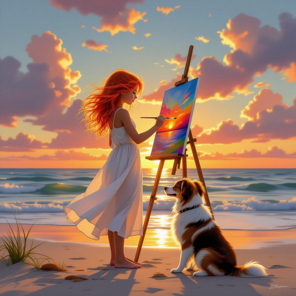 Girl with Dog Painting Sunset in Photorealistic Style