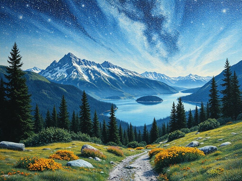 Starry Night Sky in Extreme Pointillism Oil Painting