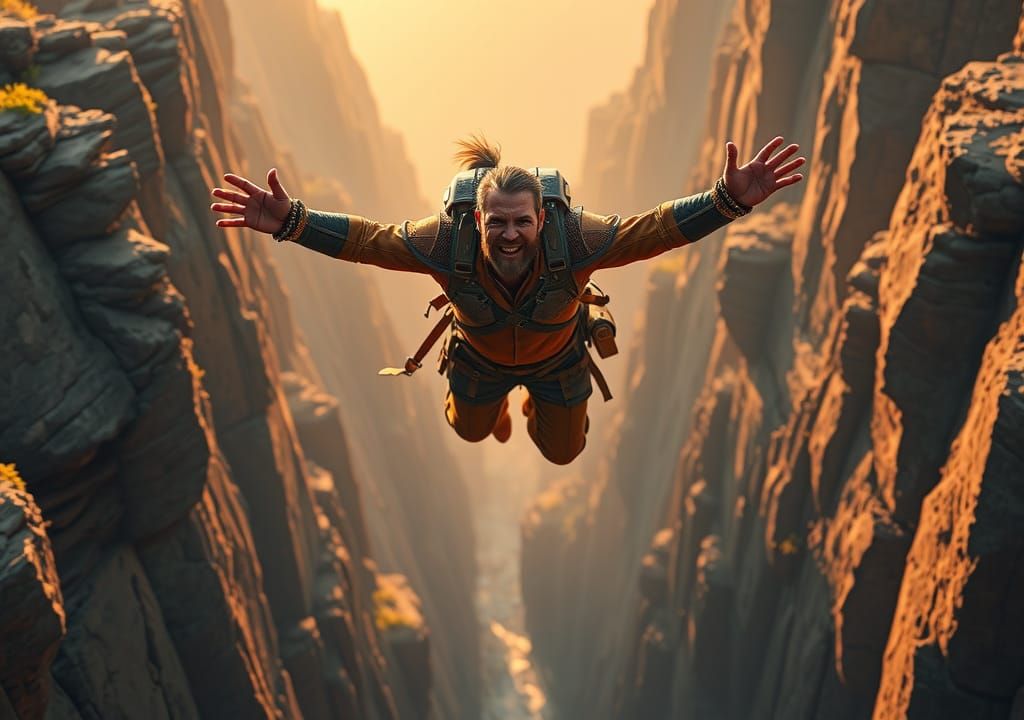 Adventurer's Leap of Faith Across a Chasm