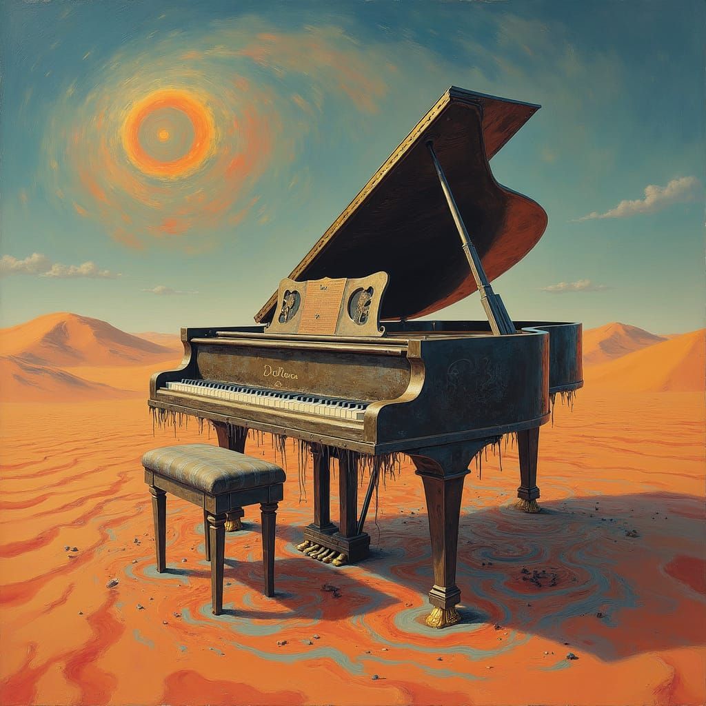 Melting Piano in Surreal Desert Landscape
