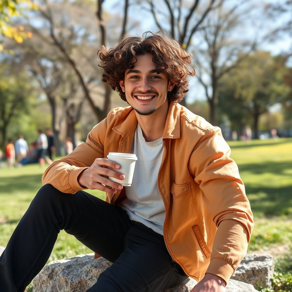 Cheerful Young Man Enjoys Coffee in Public Park