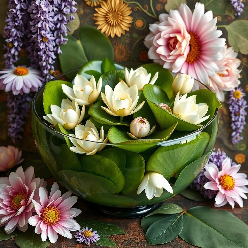 Art Nouveau Bowl of Water Lilies