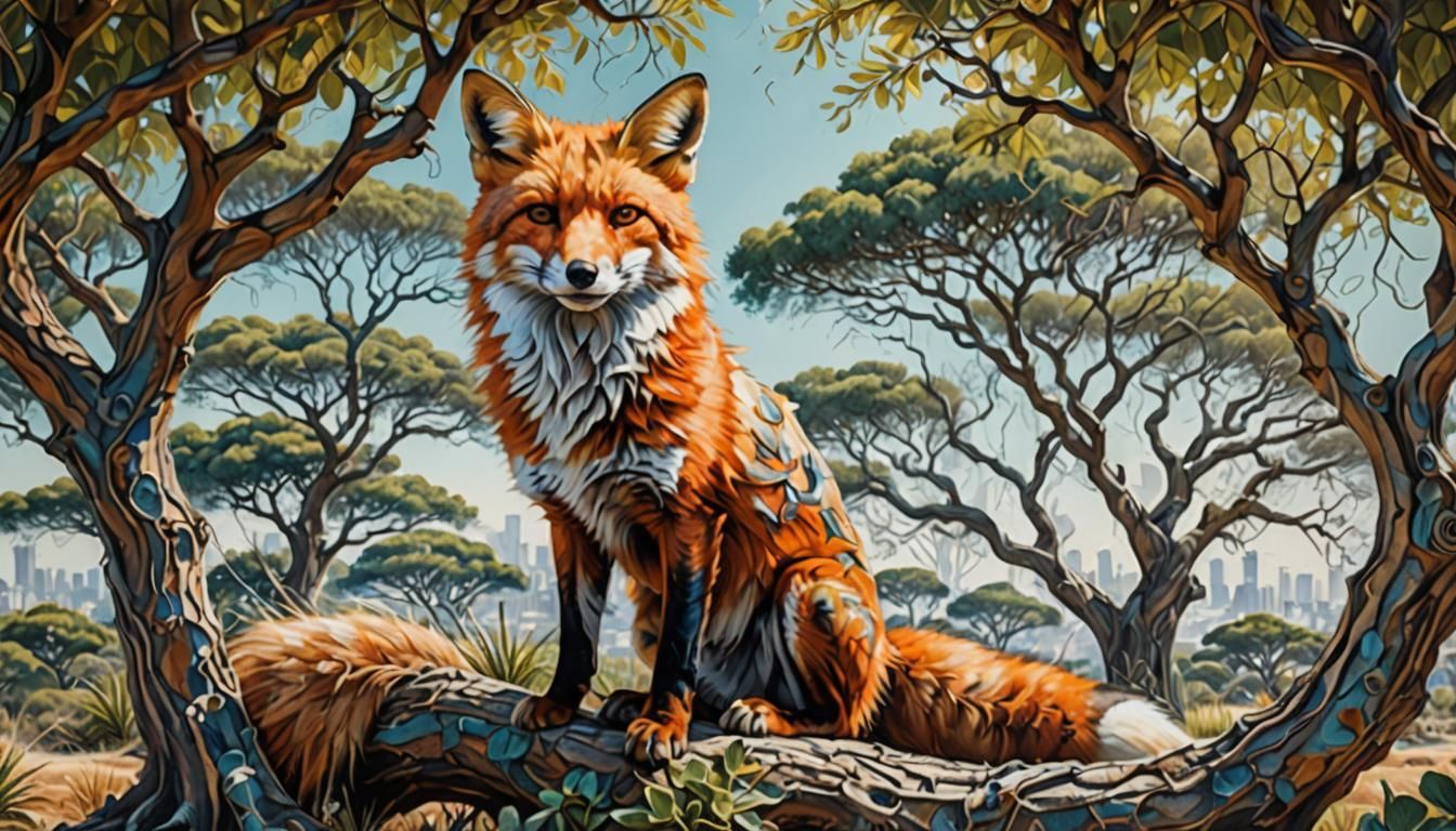 Fox Portrait Under Carob Tree in Op Art Style