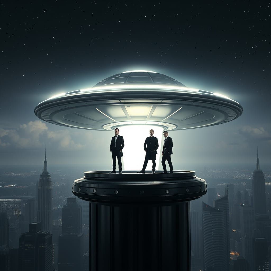 Men in Black Stand Vigilant atop Futuristic UFO