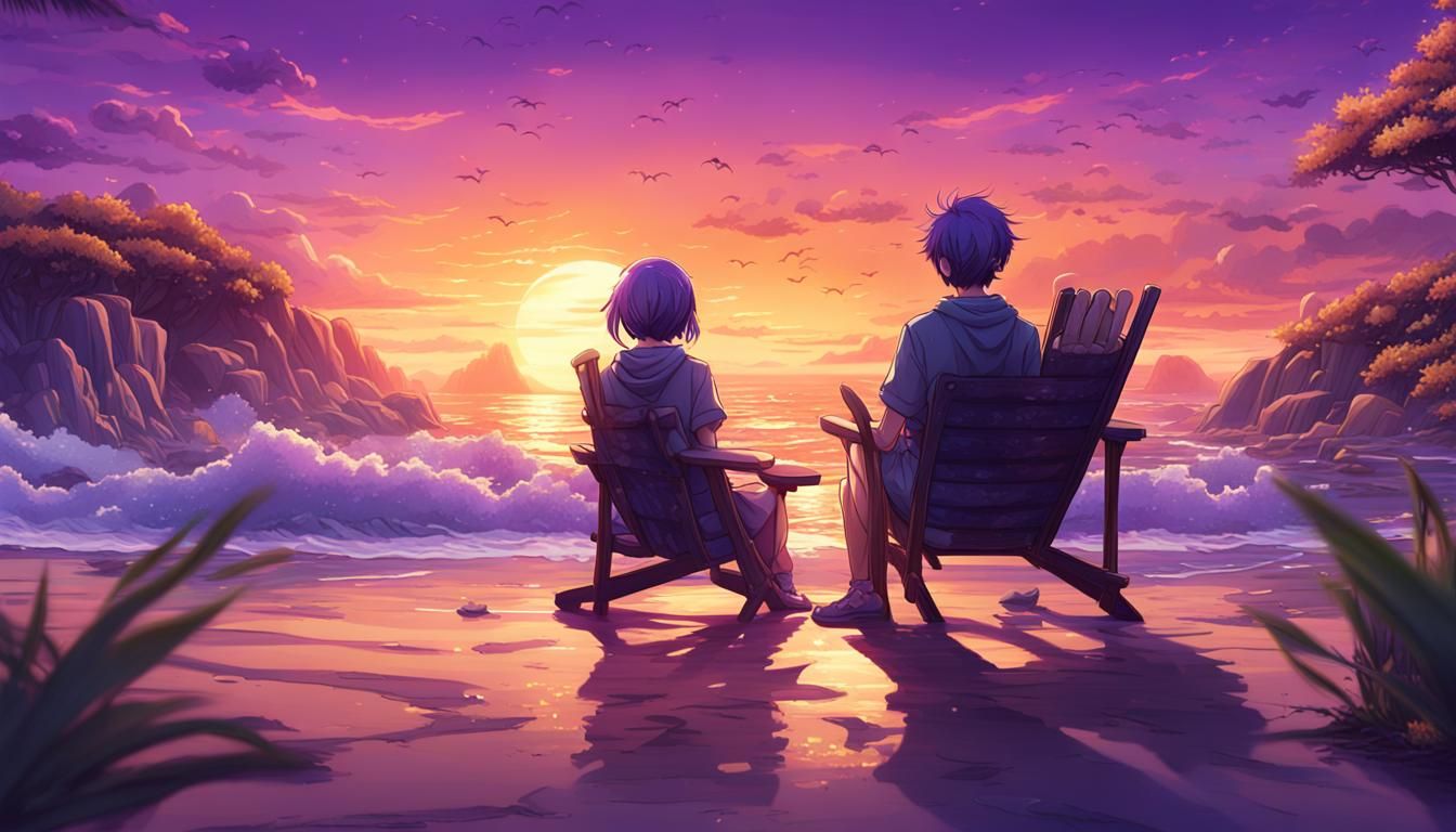 Anime Couple at Sunset Beach: Detailed Matte Painting