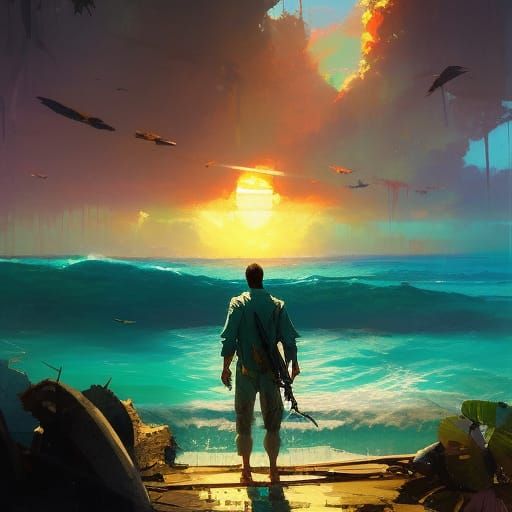 Teal Sunset: Cloaked Figure on Paradise Island