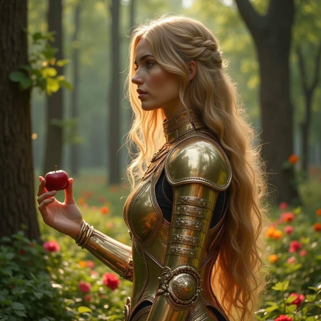 Enchanting Warrior Goddess in Luminous Armor, Lost in Forest...