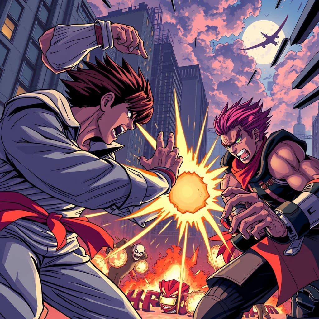 Gritty Cityscape Comic Fighting Scene in Anime Style