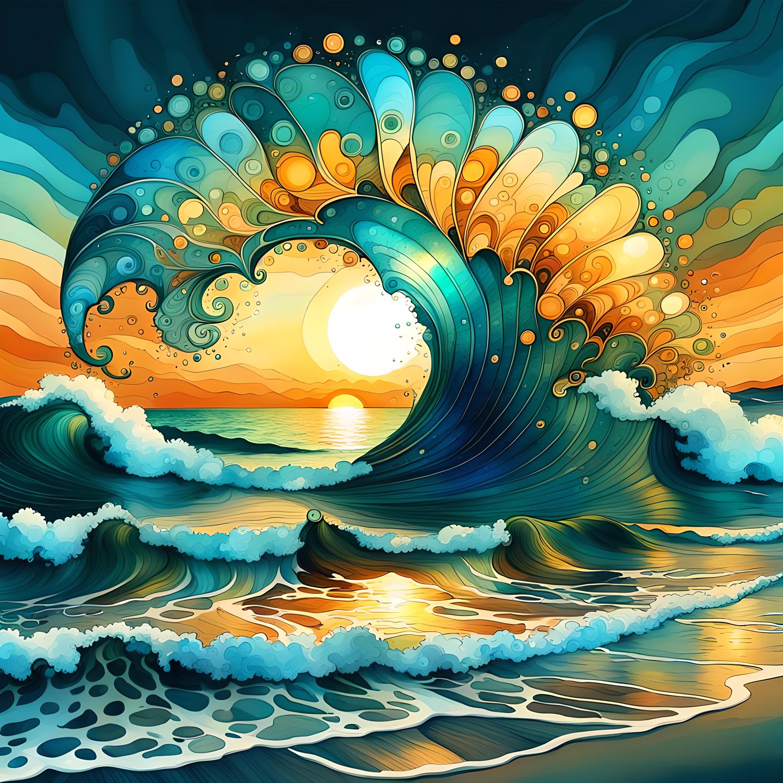 Citrine and Aquamarine Sunset Beach Watercolor