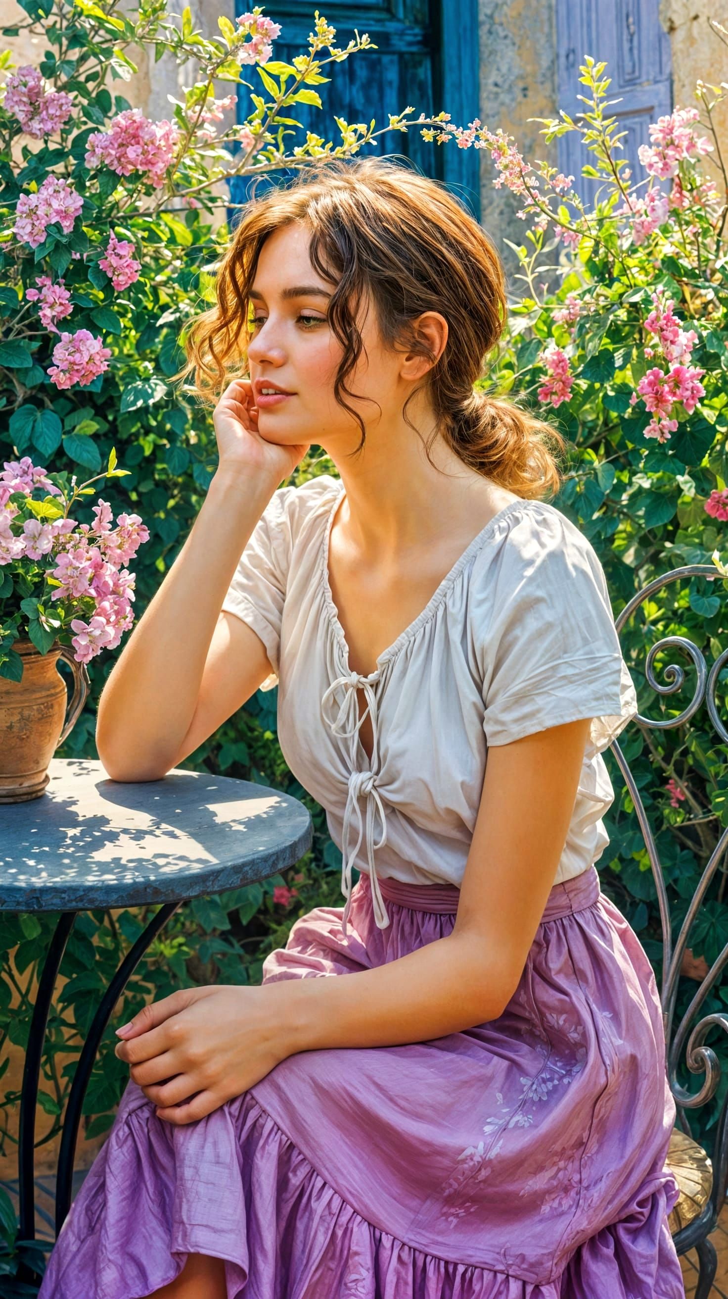 Mediterranean Courtyard Scene: Impressionist Digital Paintin...