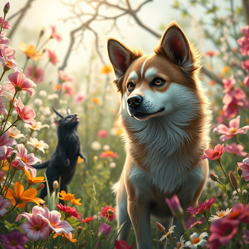 Iridescent Dog and Harpy in Dream Garden