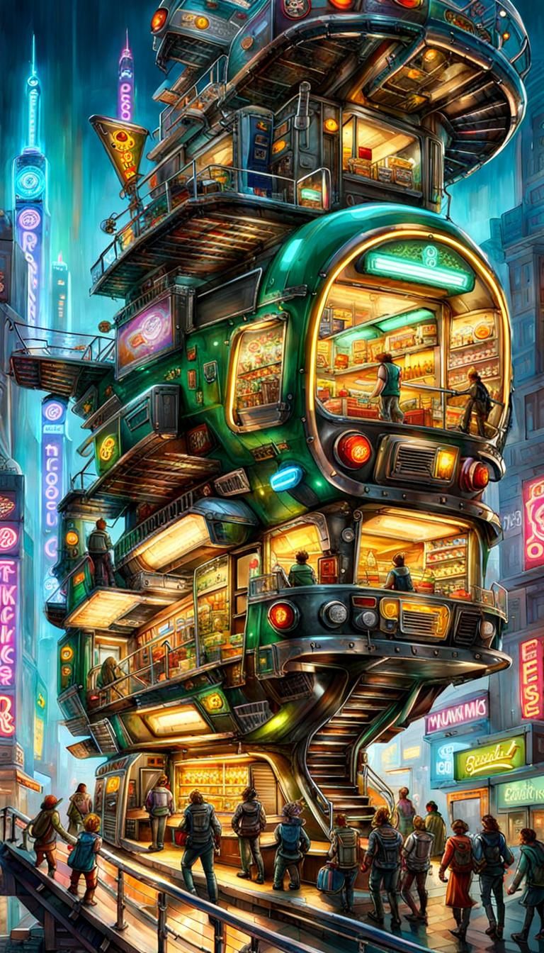 Futuristic Multi-Level Food Truck in Neopunk City