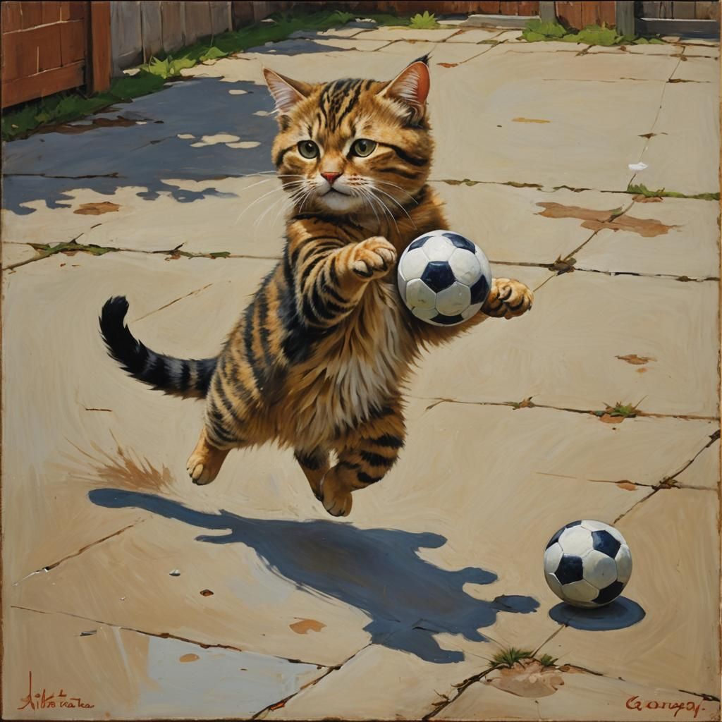 Cat Playing Soccer in Oil Painting Style