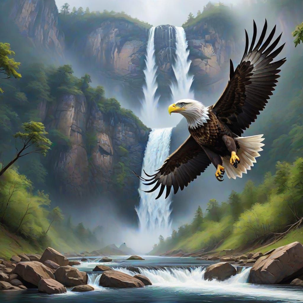 Eagle Soars Over Majestic Waterfall in Nature