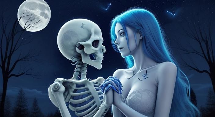 Romantic Skeleton and Blue-Haired Woman Under Moonlight