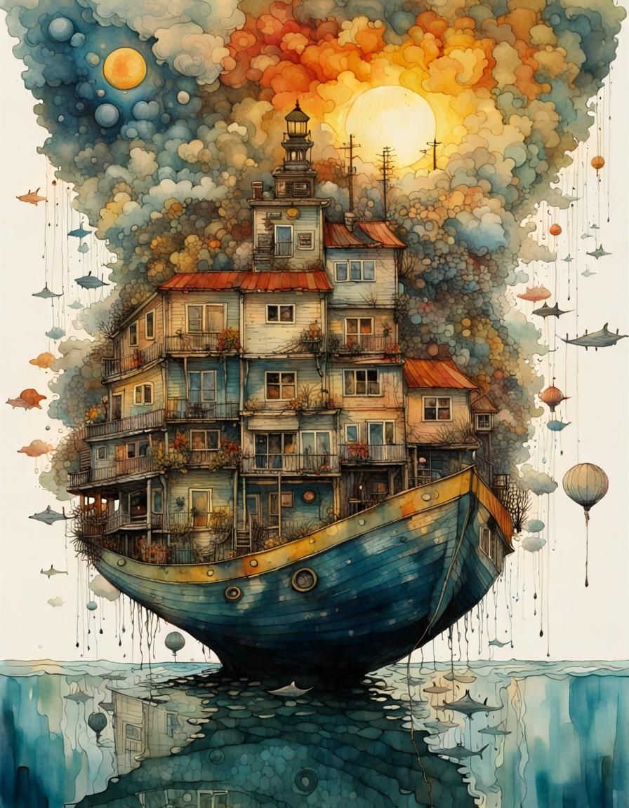 Ocean Village with Cosmic Sun, Pen Illustration