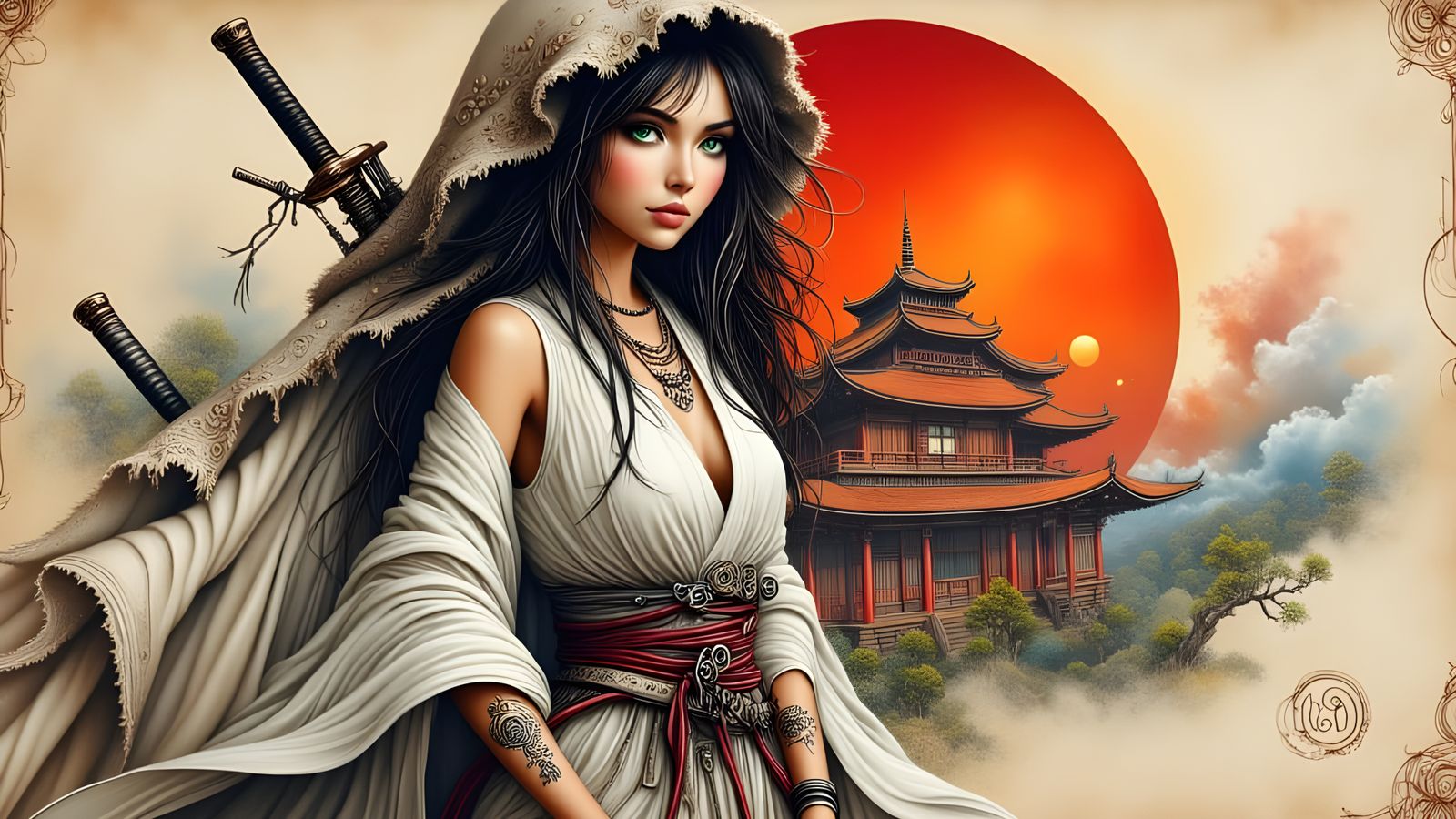 <lora:Zentangled:1.0> <lora:Whimsical:1.0> <lora:Hand Drawn Bohemian:1.0> A highly detailed and dramatic 3/4 view painti...