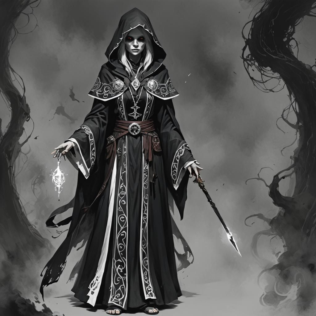 Female Necromancer Wizard in Black and White Robe