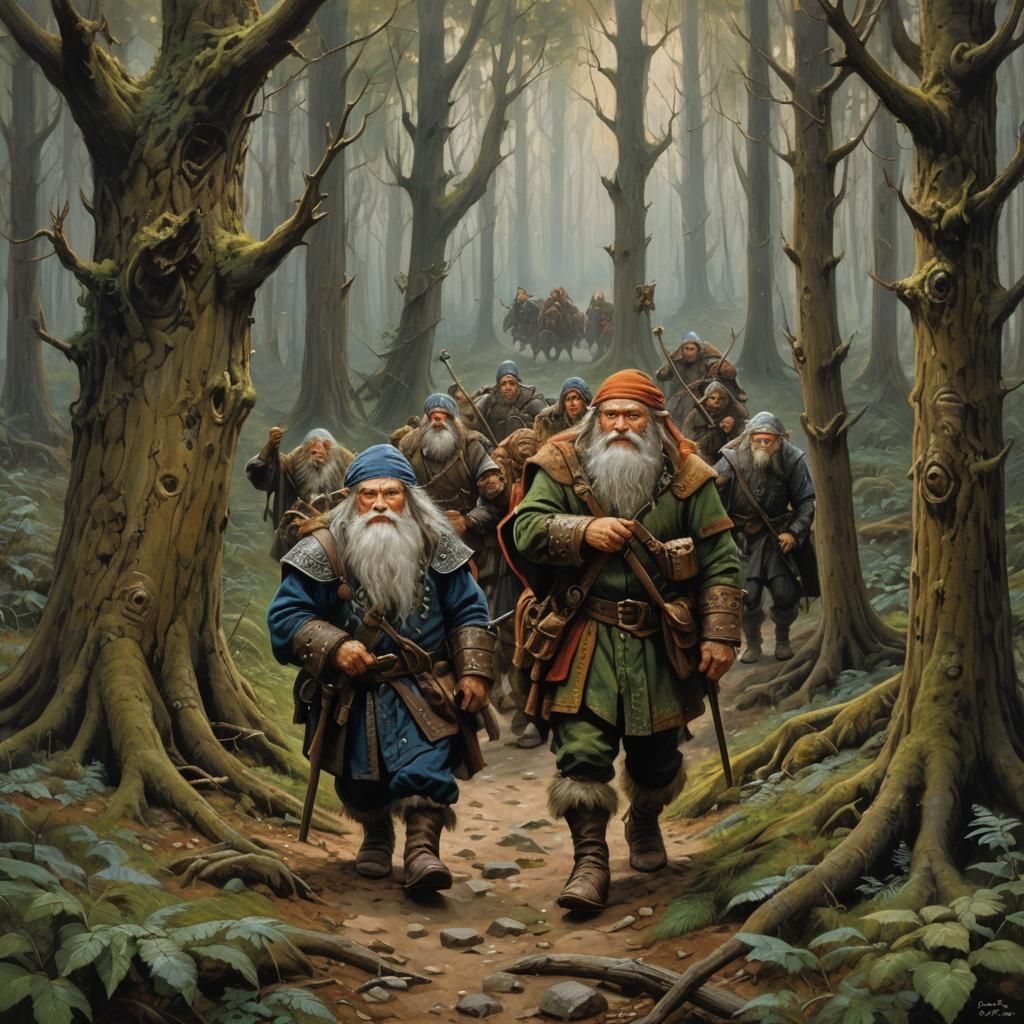 Dwarves Journey Through Mirkwood Forest as Oil Painting
