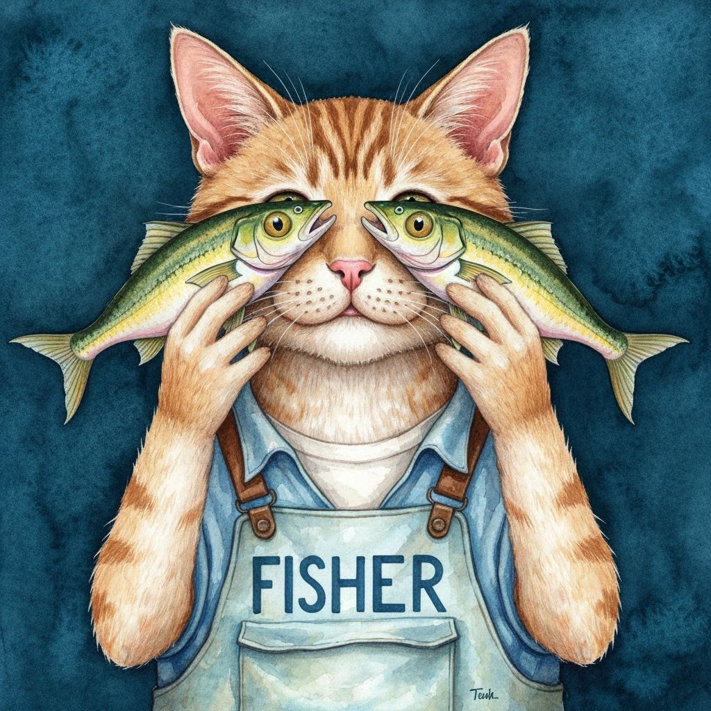 Anthropomorphic Cat Fisherman in Watercolor Style