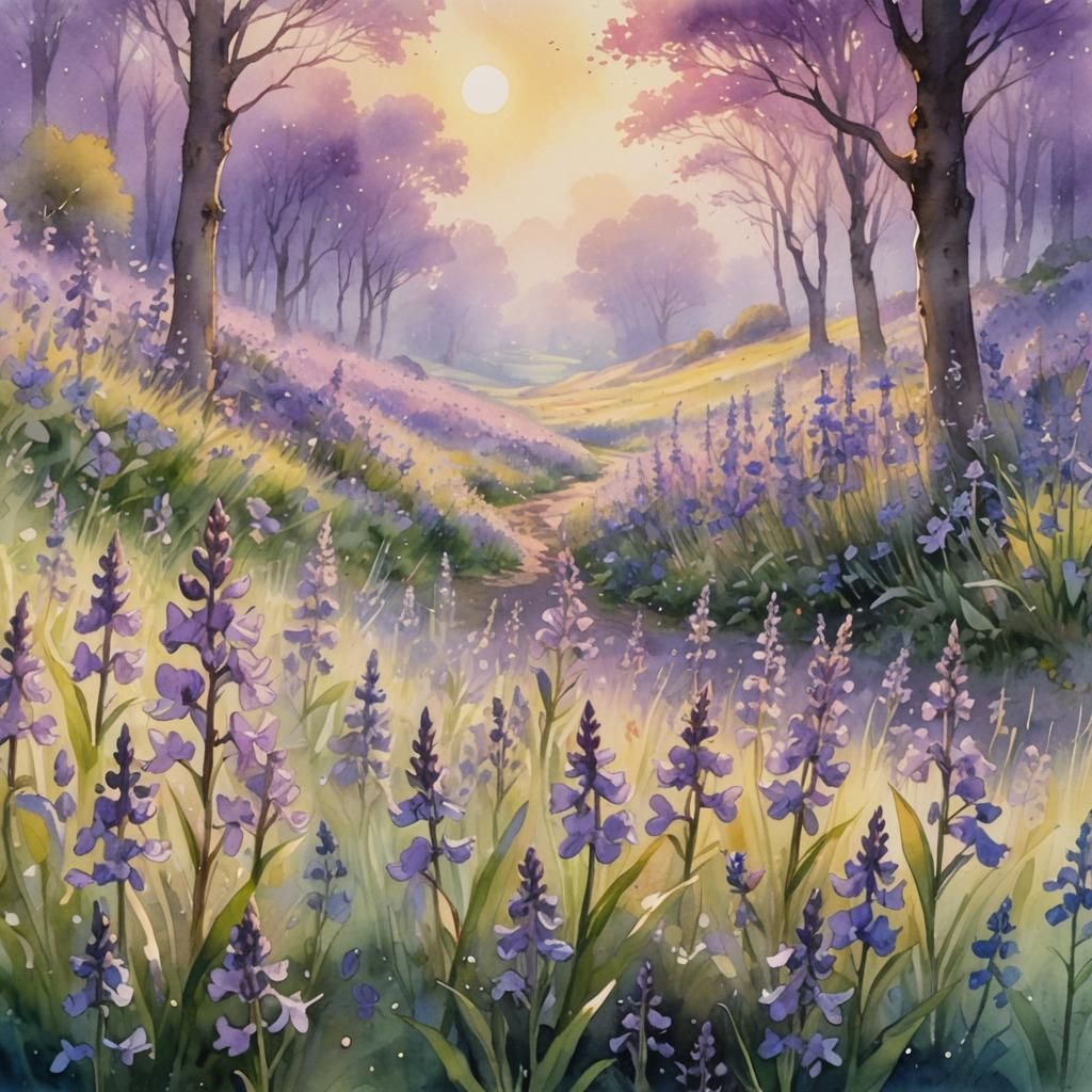Lilac and Bluebells Swaying: Watercolour Landscape
