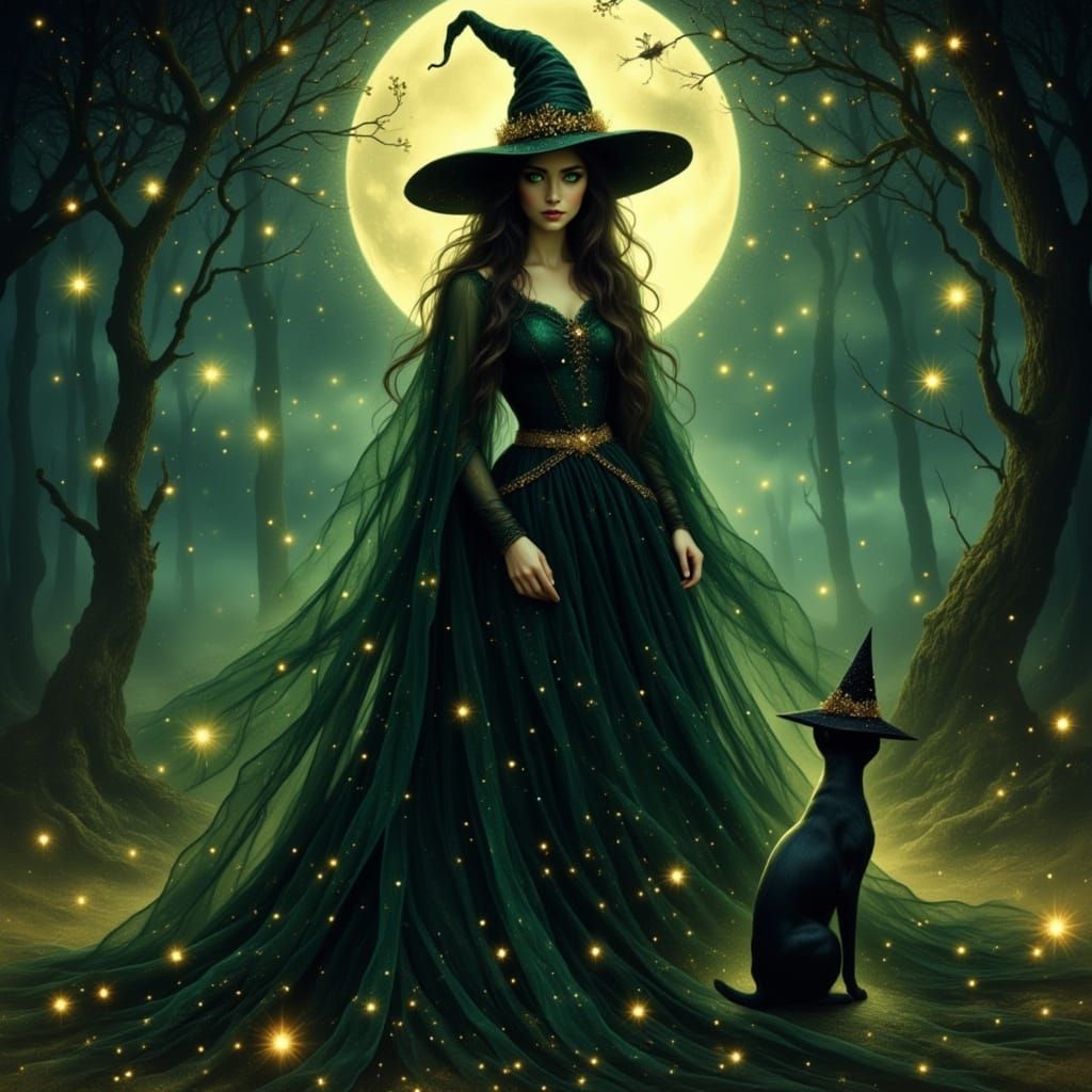 Mystical Witch and Black Cat in Moonlight